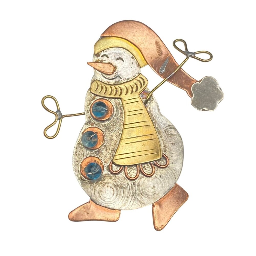 Handmade Snowman Brooch Pin Copper Silver Gold-Tone Glass Bead Buttons Folk Art